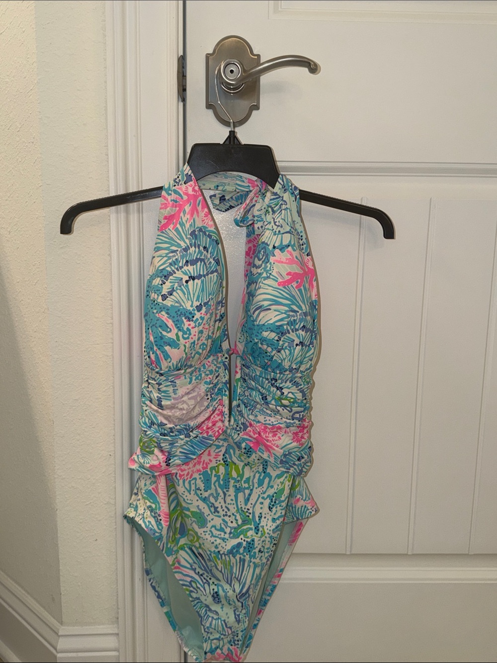 Lilly Pulitzer Tropical Ruched Halter One-Piece in Aqua, Pink & Green